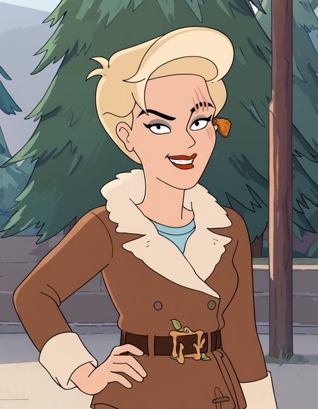 <lora:HarmonyPony1.0:1> harmony, 1girl, short hair,blonde hair, blue shirt, solo, scar across eye, makeup, ear tag, black eyes, coat, red lips, belt, lipstick, smile,outdoors,  score_9, score_8_up, score_7_up, score_6_up, score_5_up, score_4_up, looking at viewer, hand on own hip, cowboy shot,tree