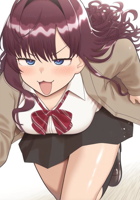 masterpiece, best quality, absurdres, perfect lighting,shiny skin,<lora:StS-Illustrious-Detail-Slider-v1.0:3>,<lora:illustrious_noobai_epsilon_pred_1_best_quality_v1:1>,<lora:ryokucha_michi:0.7>,ryokucha michi,1girl,ichinose shiki,school uniform, smile,smug,:3,open mouth, running, motion lines, simple background,