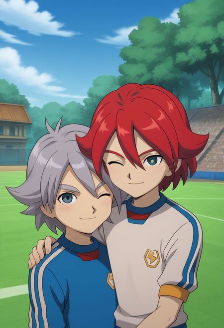 score_9, score_8_up, score_7_up, source_anime, highly detailed, skinny, slender, 2boys,
hiroto2, 1boy, soccer uniform, sportswear, red hair, upper body, tracksuit, smile, BREAK 
fubuki2, 1boy, soccer uniform, sportswear, smile, raimon soccer uniform, raimon, grey hair,
standing, hug, hug from behind, smile, wink,
outdoor,