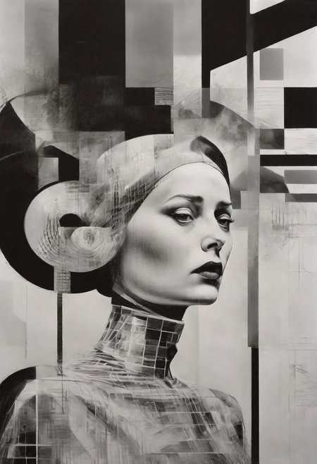 Monochrome black and white, Dali, Magritte, Delvaux, Bellmer, Malevitch, Rodchenko, Mondrian, Kandinsky, Popovna, psychedelic hallucination, pop surrealism, rough crosshatch drawing pop art Lunatic_Portrait of a young girl in latex, slick back, low bun, black makeup, sinister expression, intense glare, avant-garde, abstract, weird, geometric, constructivism, suprematism, rayonism, verticism, lineism, tj