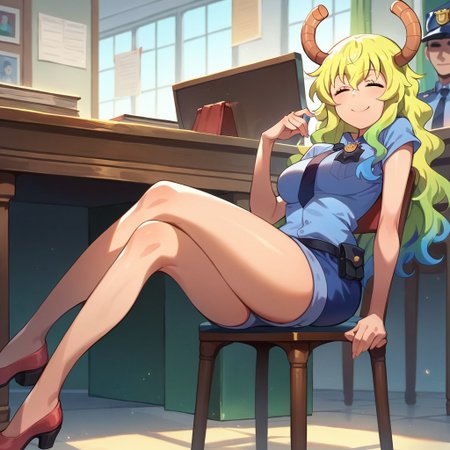 score_9, score_8_up, score_7_up, masterpiece, best quality, expressive, background, police officer, police station, smile, Lucoa_(Maidragon), masterpiece, best quality, 1girl, sitting down, chair, thick.