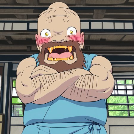 male focus, solo, facial hair, beard, bald, open mouth, yellow eyes, japanese clothes, barefoot, traditional youkai, crossed arms, indoors, teeth, golden teeth, sleeveless, fangs, fat man, arm hair, fat, giant, brown hair, muscular, kimono, outdoors, nature, japanese background, blush, embarrased, anime, source_anime, Masculine character design, perfect balance, perfect eyes, extremely detailed, perfect lighting, (masterpiece:1.0),(best_quality:1.0), ultra high res,4K,ultra-detailed, pale skin, 