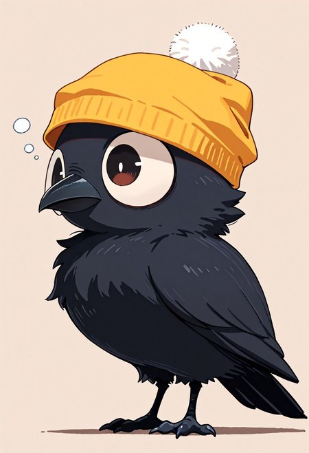 masterpiece, best quality, simple illustration, 1crow, full body,  huge eyes, loocking away, side view, cartoon, no human,  sleepy, fluffy, small, cute, wearing a sleep hat, huge peak, very fluff
