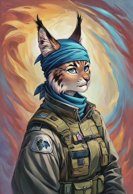 Score 9, Score_8_up, Score_7_up, ng_deepnegative_v1_75t, negative_hand, charturnerv2, knee-deep portrait of adult female,  banners, starship, high technology, shirt, fingerless gloves, soldier uniform,, , anime, Arknight provens, detailed background, cyberpunk, bandana,, furry,  lynx species,  lynx tail, lynx ears, muscle,