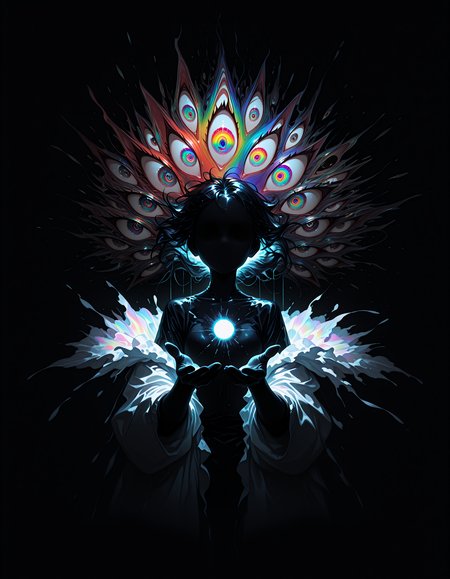 masterpiece, best quality, amazing quality, very aesthetic, abstract, 15546+456868,surreal,dim lighting,dark, fisheye,qxys,cropped
,ADDCOMM,
background of too many eyes, iridescent, white mist of rainbow eyes,  (too many eyes), multicolored eyes, giant mouth, (sharp teeth),(no humans)
,ADDROW,
background of too many eyes, iridescent, white mist of rainbow eyes,  (too many eyes), multicolored eyes, giant mouth, (sharp teeth),(no humans)
,ADDCOL,
1girl, (no mouth,no eyes), glowing,reaching out with two hands,(cropped torso)
,ADDCOL,
background of too many eyes, iridescent, white mist of rainbow eyes,  (too many eyes), multicolored eyes, giant mouth, (sharp teeth),(no humans)
,ADDROW,
background of too many eyes, iridescent, white mist of rainbow eyes,  (too many eyes), multicolored eyes, giant mouth, (sharp teeth),(no humans)
,  <lora:114558v4df2fsdf5:0.25> <lora:DarkerThanBlackIllustrious:0.25>   <lora:holographiccolor:0.5>