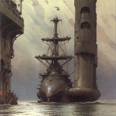 (Masterpiece), artwork, moebius steampunk, a picture of a brown babylonian steampunk battleship, passing by on open sea, rain, water-fountains, steamclouds, ship-chimneys, clouded sky, (view from the side), best quality, ultra high res, cinematic lighting, dramatic lighting, glorious, spectacular, dslr, ultra quality, sharp focus, tack sharp, dof, film grain, technicolor, Fujifilm XT3, photorealistic, 8K UHD <lora:Don_Lawrence_Storm_v1:0.9>, dlstormstyle, <lora:Moebius:0.9> <lora:Nouveau_last:0.9>, art nouveau Style