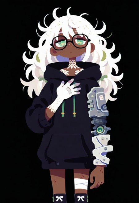 1girl, white hair, long hair, glasses, freckles, dark skin, green pupils, injury, bandages, white tattoo, neck tattoo, single mechanic arm, hand on chest, messy hair, bow legwear, hoodie ,masterpiece, best quality, very aesthetic, absurdres, haiz_ai, no lineart,no outline,