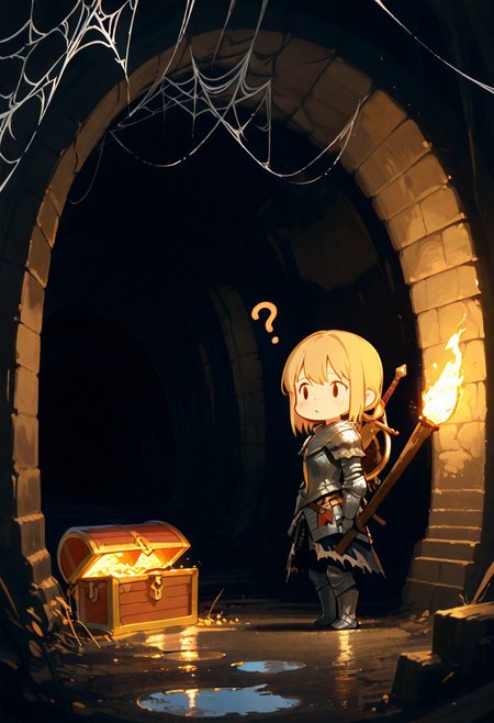 masterpiece, best quality, amazing quality, flat colors, high detailed, high quality, high resolution, 4k , male , solo , 1girl, Dark souls armor, in castle basement, holding torch, Black background, in a tunnel, spider web, puddle, makes its way,  Tunnel lit by the torch , blonde, cute, question face, looking away , sword on back,  standing, side view, front of the treasure chest, looking treasure chest