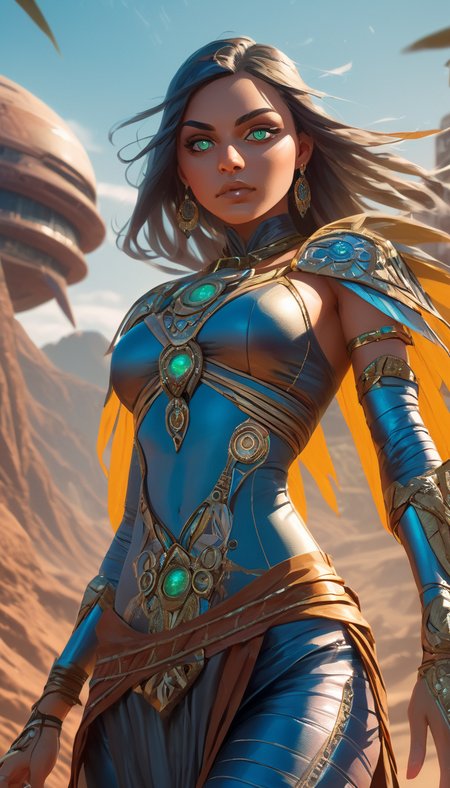 Stunning female in exotic outfit, science fiction, fantasy, extremely beautiful piercing eyes, cinematic scene, hero view, action pose, scenery, detailed background, masterpiece, best quality, high quality, intricate, absurdres, very detailed, high resolution, 8k, vivid, colorful, epic, elegant, award winning,, Toni Infante <lora:toni_infante_xl_v3:1>