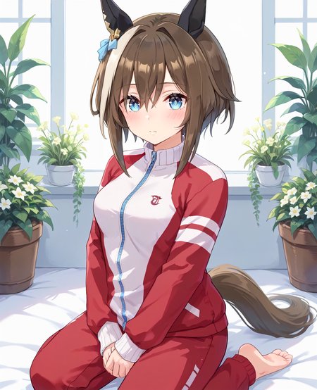 score_9, score_8_up, score_7_up, 1girl, (looking at viewer:1.2), (closed mouth:1.0), hopeful,, blush, , 
(Kneeling, hands folded in lap:1.2),, (,:1.2), 
<lora:pony_cheval_grand_v1.06:0.8>, horse ears, horse tail, black ear covers, cheval grand \(umamusume\), embarrassed, medium small breasts, , short hair, 
<lora:_sdxl-um-tracenjersey-pony:0.6>, red jacket, track jacket, , tracenjerseypants, red short pants,,