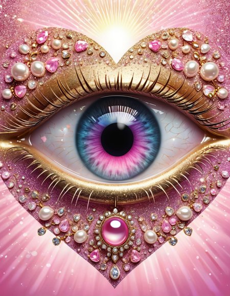 This is a digital artwork in a surreal, pop-art style. It features a stylized eye with a pink iris and a single tear, framed by a heart-shaped border of pearls. The background is a gradient of pink hues with golden rays emanating from the center, giving it a celestial, almost divine appearance. glitter and gems decorate the outside, The overall composition is reminiscent of Polaroid photography, with a white border and a faint, slightly yellowed tint. <lora:add-detail-xl:1>