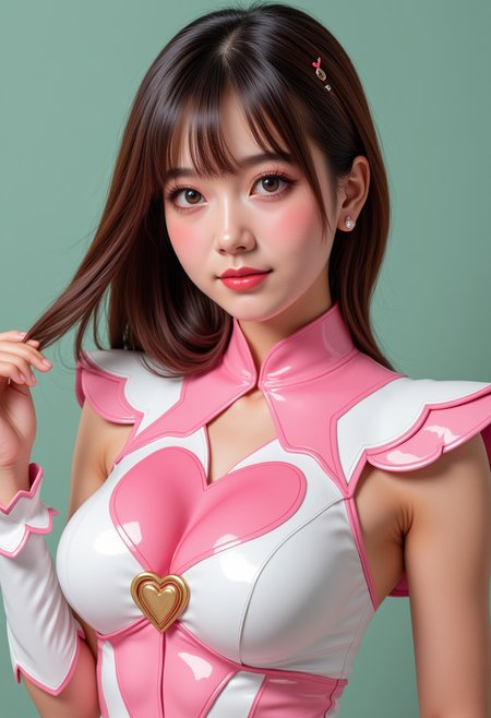 She is approximately 18 years old. Hyperrealism, she is looking at the camera, (dynamic angles), headshots of a beautiful, stunning unique female character.  she has hair. her eyes are filled with joy and excitement, extravagant eyelashes, a photo of Songbird1, an anime character, wearing a pink and white costume, with a heart on her chest, posing in a dynamic and playful manner, with a futuristic design, a sense of fantasy and whimsy, a comic book style, a sense of adventure, a sense of action. The woman is posing confidently. simple sage green colored background. She has a slight smile on her face and is looking directly at the camera. making this image a masterpiece of photography and digital art. realistic. making this image a masterpiece of photography and digital art. Style: realistic hyper-detailed rendering, 32k UHD, expressive eyes, punk, graphic design, girl's face, pretty and cute, gleaming lips, telling a tale of adventure. Exuding confidence and serenity. The overall mood of the image is happy and relaxed,detailed skin texture,(blush:0.2),(goosebumps:0.3),subsurface scattering,whimsical,Detailed hand, Perfect hand. Perfection style. 