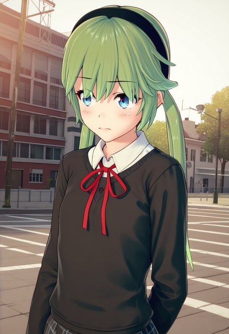 source_anime, score_9, score_8_up, score_7_up, score_6_up, score_5_up, score_4_up, 1 girl, solo, <lora:Io_Ichimonji_from_LiL_PonyXL:0.8>, long hair, low twintails, twintails, hair between eyes, blush, io_outfit4, hairband, school uniform, ribbon, sweater, neck ribbon, red ribbon, shirt, black hairband,, bell tower, Creating a DIY project,