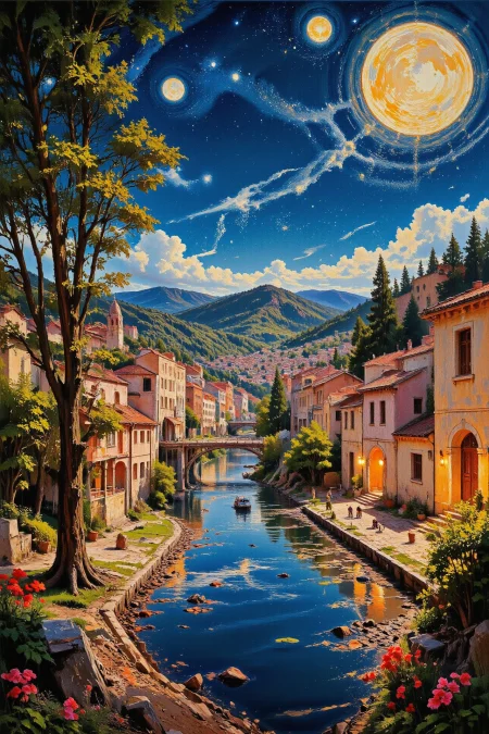 (roman city) Gabonese bright luminous starry night, beautiful landscape, woman, intricate, very detailed, sharp, colorful, multilayer surreal painting,  <lora:Hand v2:1> <lora:Anti-Blur:1> <lora:Insane Detail Slider:0.5>   <lora:Flux.1_Turbo_Detailer:0.6> <lora:flux-photo-transparent_Alpha_1.0:0.8> <lora:flux.1_lora_flyway_Epic-detail_v2:0.6> <lora:Painterly01b_CE_FLUX_AIT:1> pntrlyCE_style, <lora:VividlySurreal:0.8>