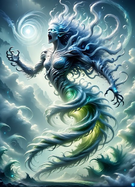 DonM3l3m3nt4lXL,  score_9, score_8_up, score_7_up, score_6_up, kachima, transluscent ethereal otherworldly unnatural nebulous incorporeal phantasmal nebulous vaporous phantasmal ghostly soul specter, long flowing silver hair,pale white lucid skin, fantasy, grayish tattered gown, hands with claws,dim eyes, screaming in agony,eerie, stygical, floating, gliding, omen of death, malevolent, zealous,eco-friendly,healing art,frothy,torrid,seaside living,tranquility , phthalo green ground troll, rating_safe <lora:DonM3l3m3nt4lXL-pony:0.8>