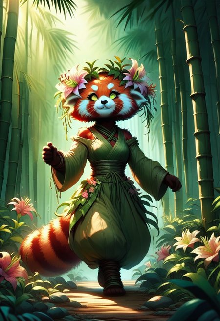 score_9, score_8_up, score_7_up, flowerdruid, redpandafolk, lily (flower), bamboo forest,
