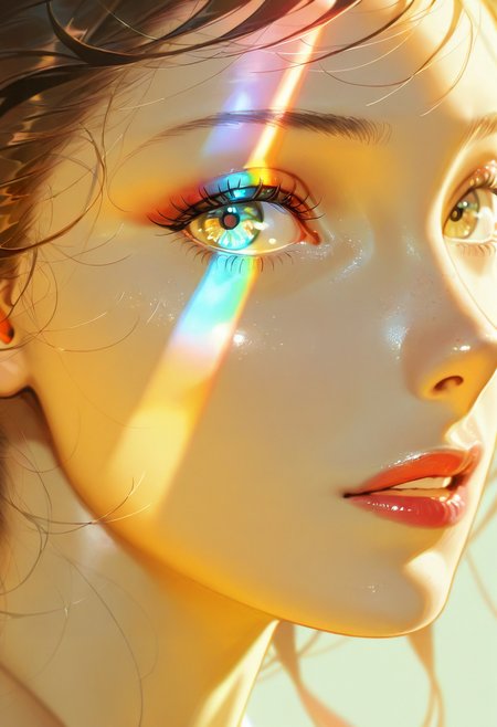 prism light, solo, 1girl, close-up, realistic, eyelashes, makeup, looking at viewer, brown hair
