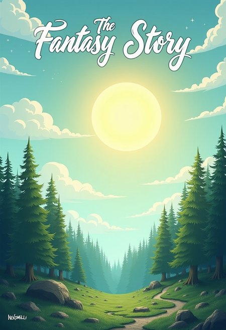 a noon picture with fantasy style, forest at right bottom of the picture, sky with sun at left top of the picture, a thin layer of clouds in the sky with handwriting calligraphy script words "The Fantasy Story" above at inner left top of the picture, small white garamond words "Nekomilli Production" at left bottom of the picture
