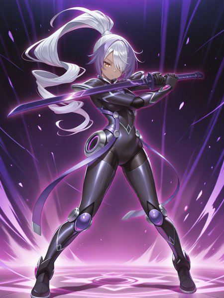 sky striker ace - azalea,1girl,solo,full body,looking at viewer,standing,fighting stance,holding purple katana,purple katana,high ponytail,black battle bodysuit,purple neon trim,purple background,two-tone hair,dark-skinned female,
masterpiece,best quality,amazing quality,very aesthetic,absurdres,newest,<lora:sky striker ace - camellia and azalea illusXL v2:0.7>,