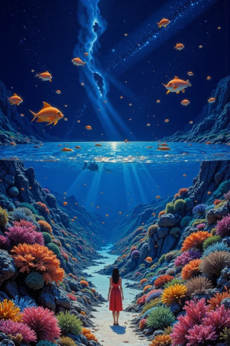 a school of fish next to a coral reef beautiful  landscape, bright luminous night, woman, very intricate, very detailed, sharp, bright, colorful, <lora:Hand v2:0.5> <lora:Anti-Blur:1><lora:Insane Detail Slider:0.25>  <lora:flux.1_lora_flyway_Epic-detail_v2:0.3> <lora:fluxenhancer:0.25> <lora:90s-anime:1> retro anime, 77oussam 90s, studio ghibli style, 1990s anime