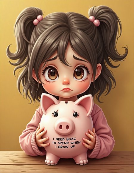 a little girl,with a tender face,and a sad look,with a piggy bank in his hand,on piggy bank is an inscription,child's handwriting "I NEED BUZZ TO SPEND WHEN I GROW UP",