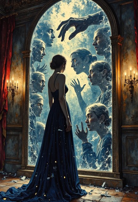 A woman in a flowing, midnight-blue dress stands before a colossal mirror, but the reflection does not match her movements. Cracks spiral across the glass like veins of frost, each fracture revealing a different version of her—some older, some younger, some with inhuman features like golden eyes or elongated fingers. The reflection of her hand, reaching out, breaks apart into floating shards, suspended in the air, each catching the dim candlelight in different hues. The room is an abandoned ballroom, dust motes swirling in the air, velvet curtains barely clinging to their frames. The glow of a single lantern casts flickering shadows that seem to move independently, whispering secrets from behind the veil of broken glass.
