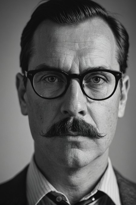 A close-up portrait of a man with moustache and glasses,looking serious into the camera. Black and white,high contrast,reminiscent of the cinematography of Freddie Young