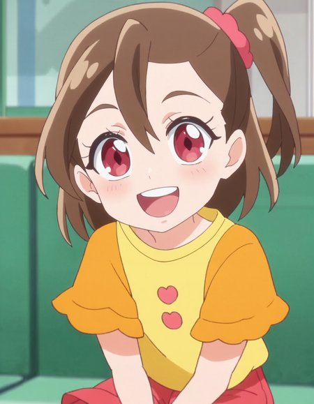 score_9, score_8_up, score_7_up, anime screencap, solo,1girl,sakurahamori,  smile, red shorts, looking at viewer, scrunchie,  yellow shirt, hair ornament,cowboy shot, blush,open mouth,sitting,grin<lora:sakurahamori_pony:0.8>