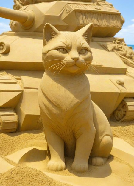 <lora:PE_SandSculpture:0.8> PESandSculpture, sandsculpture, sand,
cat driving a tank,
on beach, sunshine,
masterpiece, high resolution, octance 4k, high detail,
professional photo, cinematic,