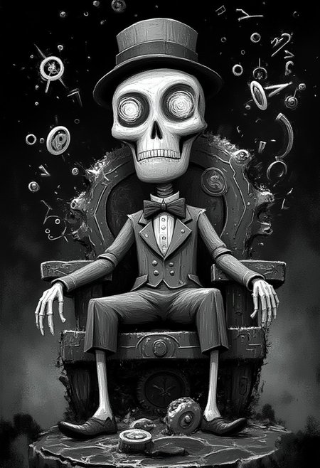 A whimsical illustration of a skeletal Victorian gentleman with a gigantic geometric skull in pure black and white, sitting on a polygonal throne of fractured clock gears, wearing a precisely rendered top hat and angular bow tie, digital painting with textured brushwork showing bone details through mathematical patterns, foggy void background with floating mathematical symbols instead of stars, characteristic Tim Burton inspired design with enormous eye sockets containing hypnotic spiral patterns of white against black, creating a timelessly elegant monochromatic nightmare where mathematical precision meets macabre whimsy
