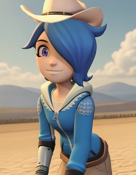 score_9, score_8_up, score_7_up, source_anime,
turboartificialrapidintelligence, <lora:turbo-artificial-rapid-intelligence-ponyxl-lora-nochekaiser:1>,
turbo artificial rapid intelligence, blue hair,hair over one eye, purple eyes, 3d,
hat, hood, hoodie, cowboy hat, cowboy western,
outdoors, dessert, bent over, smile,
looking at viewer, cowboy shot, dutch angle, solo,