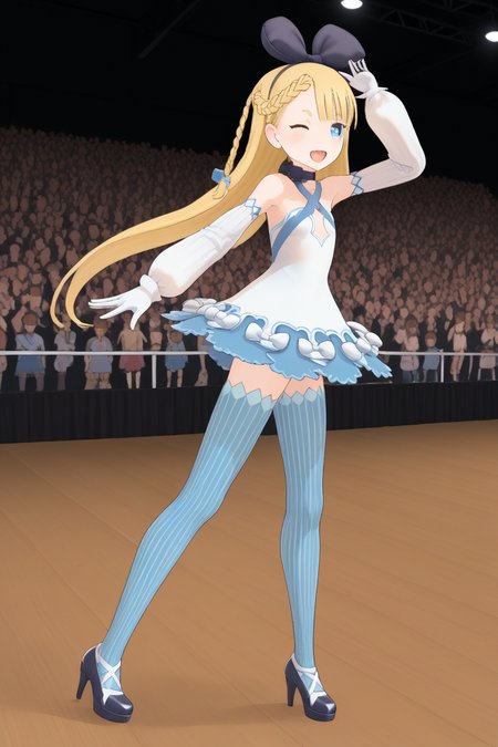 1girl, crowd, aliciasolidnnd, blonde hair, very long hair, braid, hair bow, hairband, blue eyes, symbol-shaped pupils, choker, criss-cross halter, dress, detached sleeves, gloves, vertical-striped thighhighs, shoes, high heels, standing, open mouth, smile, dancing, stage, concert, audience, cowboy shot, wink, from side, dynamic pose,