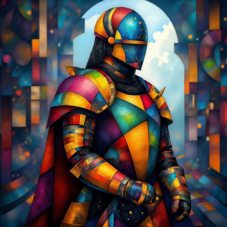 medieval knight wearing crystalline glass armor <lora:midjourney_whisper_chromaplex_v1:1.21>