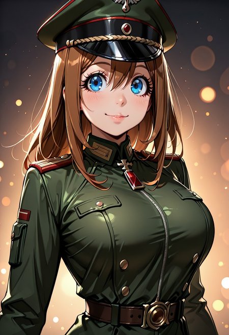 score_9, score_8_up, score_7_up, dynamic view, eye_focus, solo, looking_at_viewer, 1girl, 
masterpiece, best quality, bokeh, luminescent background,
( viktoriya ivanovna serebryakova, ,   brown hair, blue eyes, large breasts, long hair, hair between eyes, bangs, , brown belt,  long sleeves,   military jacket,  green military uniform, green military pants,   white gloves, peaked cap, black boots, )
portrait, happy