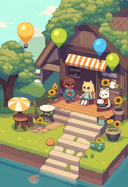 score_9,score_8_up,score_7_up,<lora:pixel_art_a3:1>,3boys,3girls,aircraft,animal_hat,animated,aviator_cap,black_cat,black_hair,blonde_hair,blue_eyes,brown_hair,bush,chair,chibi,cloud,commentary_request,crystal,cup,dark_skin,day,dollhouse_view,fishing,floating_island,frog_hat,garden,green_eyes,hot_air_balloon,industrial_pipe,isometric,outdoors,patch,pixel_art,plank,potted_plant,rabbit_ears,red_eyes,scarf,scenery,short_hair,short_ponytail,sidewalk,sign,sitting,sky,stairs,steam,sunflower,table,taxi,teapot,video,watering_can,white_cat,windmill,