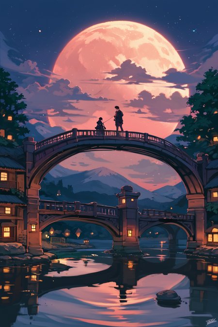 PDXL, source_anime,  <lora:SaishoV1:1>, s4ish0, 
river, large bridge, night, night sky, moon, 
volumetric reflections, volumetric shadows, HDR, shot on Canon DSLR