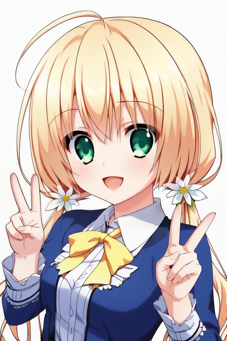 score_9, score_8_up, score_7_up, source_anime, rating_safe, intricate details, anime screencap, official style, 1girl, solo, <lora:Minahara_Himari:1>, minaharahimari, blonde hair, green eyes, hair_flower, low twintails, long sleeves, blue dress, collared dress, white chest, yellow ribbon, smile, indoor, looking at viewer, simple background, peace sign, hands up, open mouth, upper body