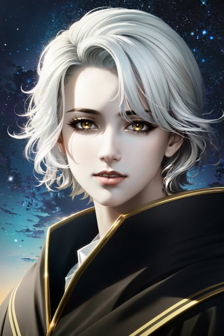 <lora:HadesEmetSelch:.7> Emet Selch,(masculine), (masterpiece, best quality, ultra-detailed, highres), perfect face, side-lighting, lustrous skin,(bloom), (shine), lighting, ray tracing, solo, 1boy, male focus, yellow eyes, portrait, white hair, star \(sky\), black robe, robed, hooded robe, looking at viewer, blue theme, starry sky, night, sky, lips, smile, depth_of_field, very detailed background, highly detailed background, Masterpiece, Ultra detailed, great composition,Dynamic angle,extremely delicate and beautiful,(Highest picture quality), (Master's work),  depth of field, solo, extreme light and shadow, masterpiece, rich in detail, (fine features), (highest quality), (masterpiece), (detailed eyes), (beautiful) detailed, beautiful detailed eyes,(masterpiece), (best quality), (ultra-detailed), (best illustration),(best shadow),perfect lighting , perfect anatomy , vivid colors,