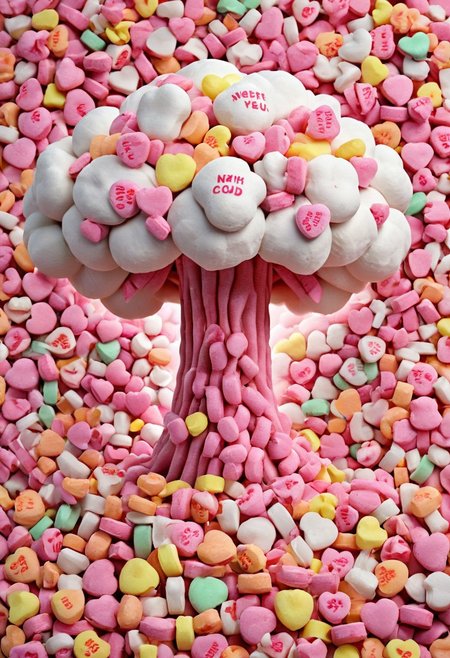 Masterpiece, high detail,high resolution, best quality,
A nuclear mushroom cloud made from candy hearts, kitchen background, detailed background,
flux-style