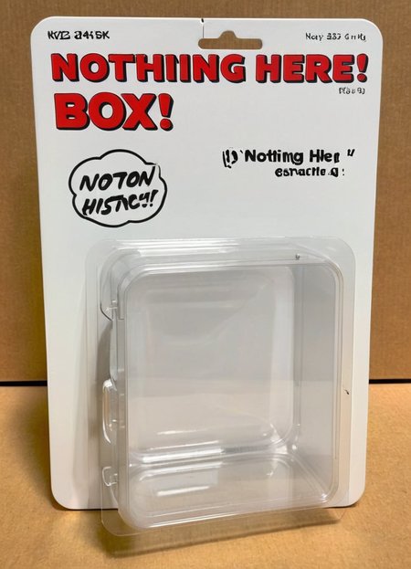 side shot A (empty:1.5) clear plastic box with the words "Nothing here! box" on the packaging, next to the price tag, High detailed RAW color Photo, 8k,  <lora:gonza_v2:0.8>