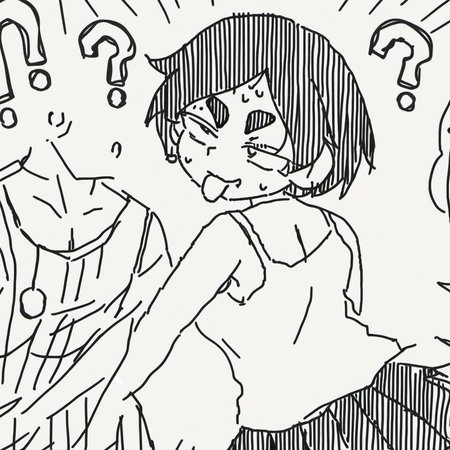 tongue, piercing, school uniform, cleavage, looking back, thick eyebrows, bangs, tank top, male focus, !?, sketch, pleated skirt, sweating profusely