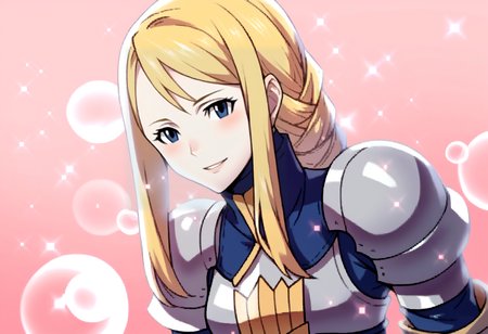 score_9, score_8_up, score_7_up, source_anime, BREAK, solo, 1girl, smile, looking at viewer,  <lora:FEA-S-Rank-pdxl_Fp:1>, pink background, sparkle, bubble, <lora:agrias-pdxl-nvwls-v1:1>, agrias, blonde hair, braided ponytail, shoulder armor, armor, corset,