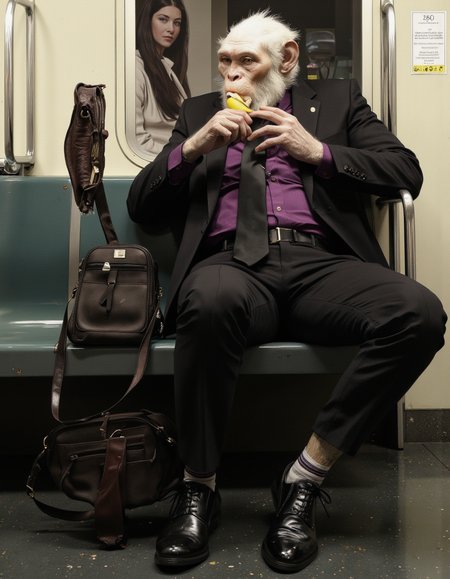 ZooPolis art. A surreal digital illustration shoot from the side about a surreal depiction of a male anthropomorphic monkey in a suit sitting on a subway train, holding a banana in one hand and a briefcase in the other. the image also shows a woman with long dark hair sitting in the background, partially visible through the train window. on the middle of the image, a mature male, who appears to be a man, with a serious expression, sits on a train seat, wearing a black suit, a purple shirt, a black tie, black pants, and black shoes, with striped socks on his feet. he is holding a black bag in his left hand and eating a banana, with his right hand holding a piece of fruit in his mouth. the man has a white fur on his head and a long white beard, and his eyes are looking directly at the viewer. he has a slim body and a mischievous expression.