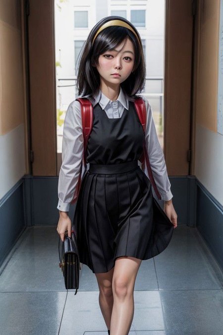 Photo of nishimura akane, (masterpiece,best quality:1.2), black hair, hair over one eye, hairband, medium hair, sanpaku, orange headband, dress, randoseru, school uniform, backpack, bag, bag charm, black dress, skirt, black skirt, solo, glowing_bright, Artstation, HD, Deviantart, by WLOP,