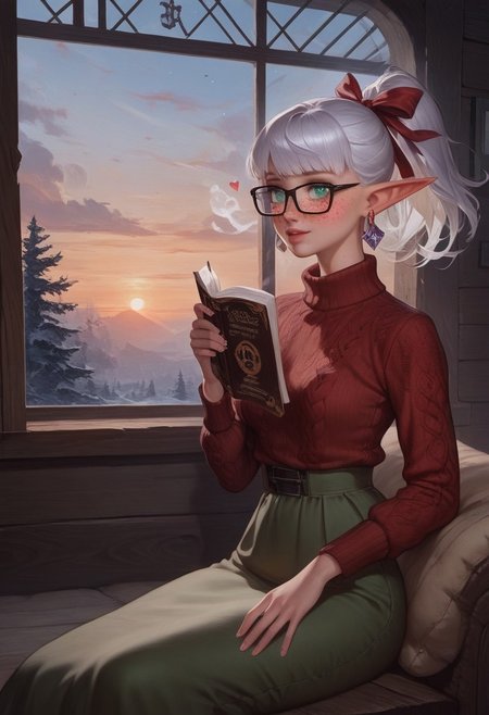 score_9, score_8_up, score_7_up, score_6_up, score_5_up, score_4_up, (hyperdetailed photography:1.5),( soft lighting:1.5), (bright lighting:1.5), (flat lighting), perfect face, 1girl,(floating hearts:2), (cowboy shot), (detailed background), detailed face, BREAK, 
(2girls), (multiple girls:1.5), sisters, (glowing green eyes:1.5), bright eyes, (platinum hair:1.6), (high wavy ponytail:2), (hair ribbon:2), (asymmetrical bangs), (feathered bangs:1.7), wavy hair, (freckles:2.2),( elf ears:1.5),( elf girl:1.5), (steamy breath:2), (blushing:1.4), (very pale skin), (happy:1.5), (yandere), (loving expression), (hourglass figure), (wide hips), small waist, slender, petite, BREAK, (lace choker:1.5), (rectangular glasses:1.6),(diamond earrings:1.5), (long sleeved sweater:1.5), (long skirt:1.5), lip gloss, BREAK, 
Sitting on couch, reading book, holding book, 
Indoors, living room, (log cabin), window, snowy landscape in window, beautiful curtains, couch, cherry blossoms, , daytime, (beautiful sky:1.5), (colorful sky:1.5), (sunny day:1.5), (modern cabin:1.5),
