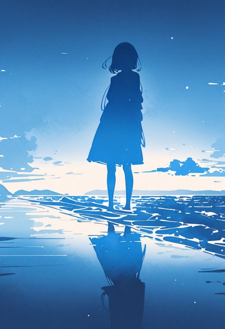 (best quality), line art, flat lighting, silhouette art, watercolor style, 1girl, ocean, reflective water, monochrome, (blue theme:1.4),