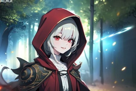 (masterpiece:1.4), 4K8K, (anime style), (high shutterspeed:1.4), (sharp edges), 
SyFyEye1, FanFo, upper body, 
woman leaning foward, smile, closed mouth, wearing red hooded cloak, linen dress, red eyes, 
(Detailed face, Detailed eyes, Detailed lips), (solo), 
Fantastic Forest at fantasy, Fantastic,