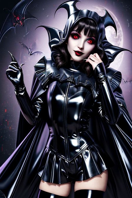 MEvil, EvlSM, Bad_End_Precure, DarkPrecure, adult, evil corrupted princess wearing dark pastel (ruffled:1) (gleaming latex:1) (sailor senshi uniform) with (long latex vampire cloak:1.5) and latex gauntlets, soft lighting, ruffles,
( long legs, crescent, crescent facial mark, makeup, lipstick, mascara, eyeshadow),
(red eyes, colored skin, glowing eyes, evil smile),
(vmpr),
<lora:more_details:0.5>,