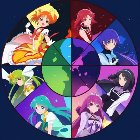 masterpiece, best quality
source_anime, deep colors, 
(color_wheel_challenge:1.2), multiple girls, magical girls, mahou shoujo,
red hair, pink hair, orange hair, yellow hair, green hair, cyan hair, blue hair, purple hair, violet hair, black hair, 
red dress, pink dress, orange dress, yellow dress, green dress, cyan dress, blue dress, purple dress, violet dress, black dress, 
high quality, high resolution, detailed, highres, highly detailed,