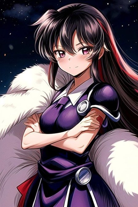 best quality 1girl Setsun4 solo long hair,  (night time) forest background black hair very long hair purple eyes multicolored hair armor, small, (fur trim) (medium body),<lora:EMS-179-EMS:0.800000>,<lora:EMS-293862-EMS:0.800000> bow, hair_bow, hair_tubes, red_bow, brown_hair, long_hair, bangs, ascot, frilled_bow, yellow_ascot, blush, smile, hair_between_eyes, athletic, armor, miko, strengthmda, crossed arms, Smiling, happy